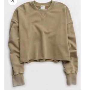 OFFLINE by aerie XS Camo Green Throw Back Cropped Long Sl Crewneck Sweatshirt